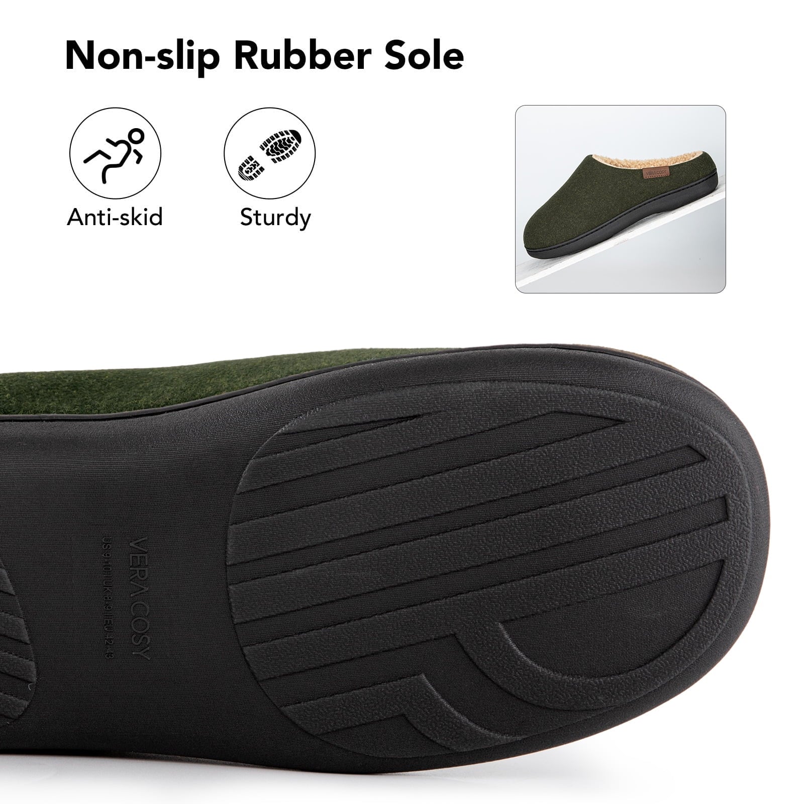 VeraCosy Men's Wool Felt Memory Foam Slippers with Fuzzy Sherpa Lining