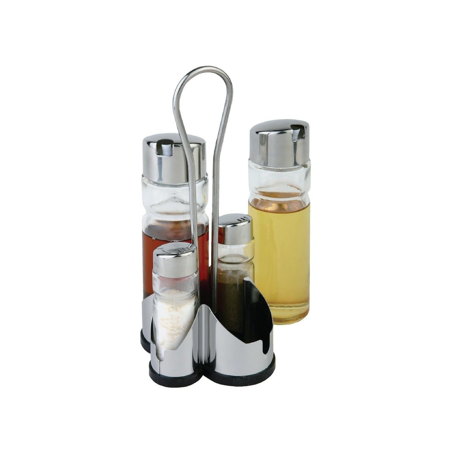 APS Complete Cruet Set: Stainless Steel Stand, Glass Oil, Vinegar, Salt, Pepper