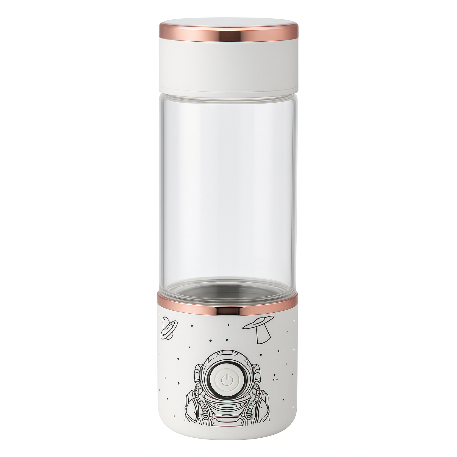 White tumbler with rose gold accents and astronaut design on a white background