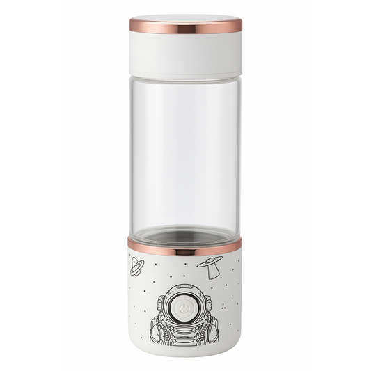 White tumbler with rose gold accents and astronaut design on a white background