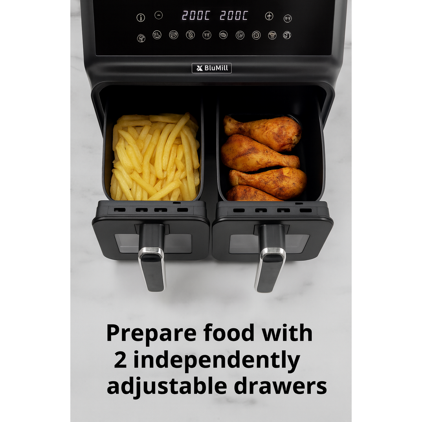 BluMill Dual Basket Air Fryer XXL with Viewing Window, Sync-Finish