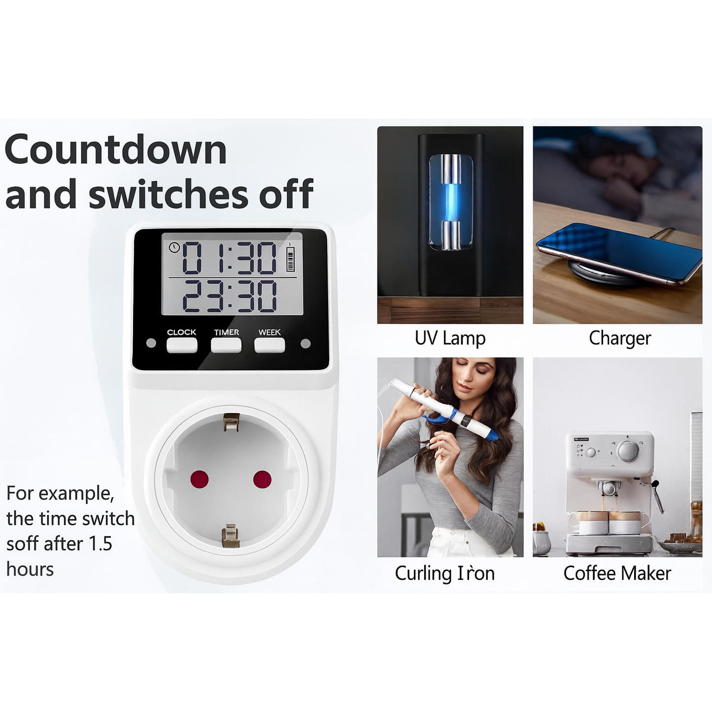 Digital timer with various appliances shown, including a UV lamp, charger, curling iron, and coffee maker.