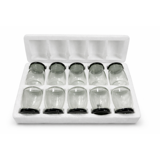 A set of 10 clear glass jars with matching black screw-on lids,