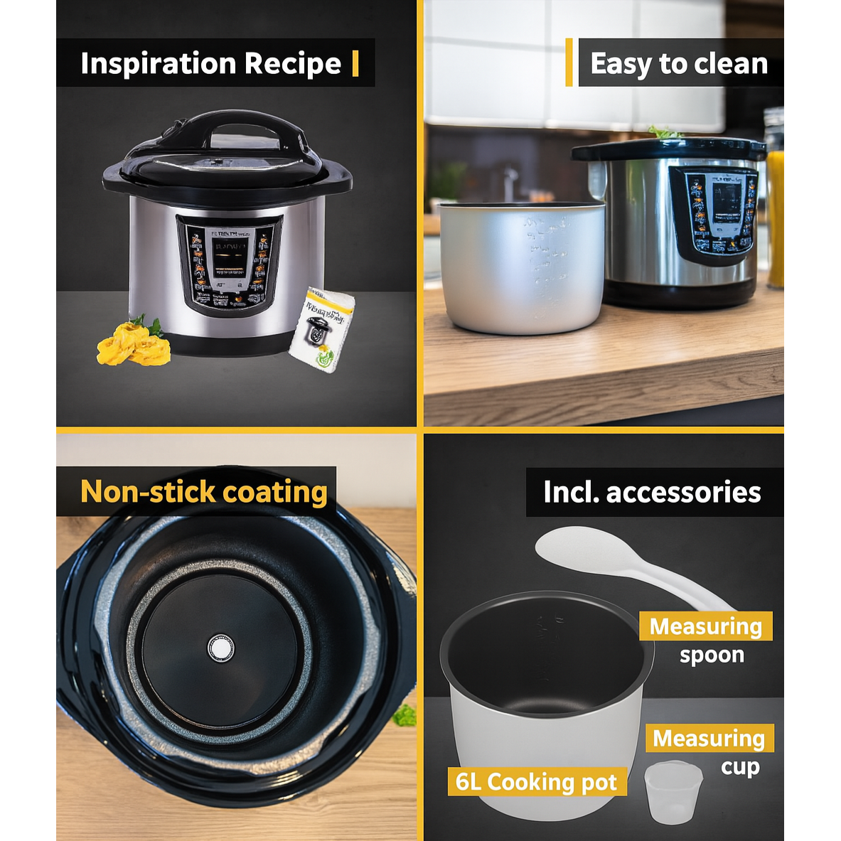 Multiview of a pressure cooker with features highlighted on a black background