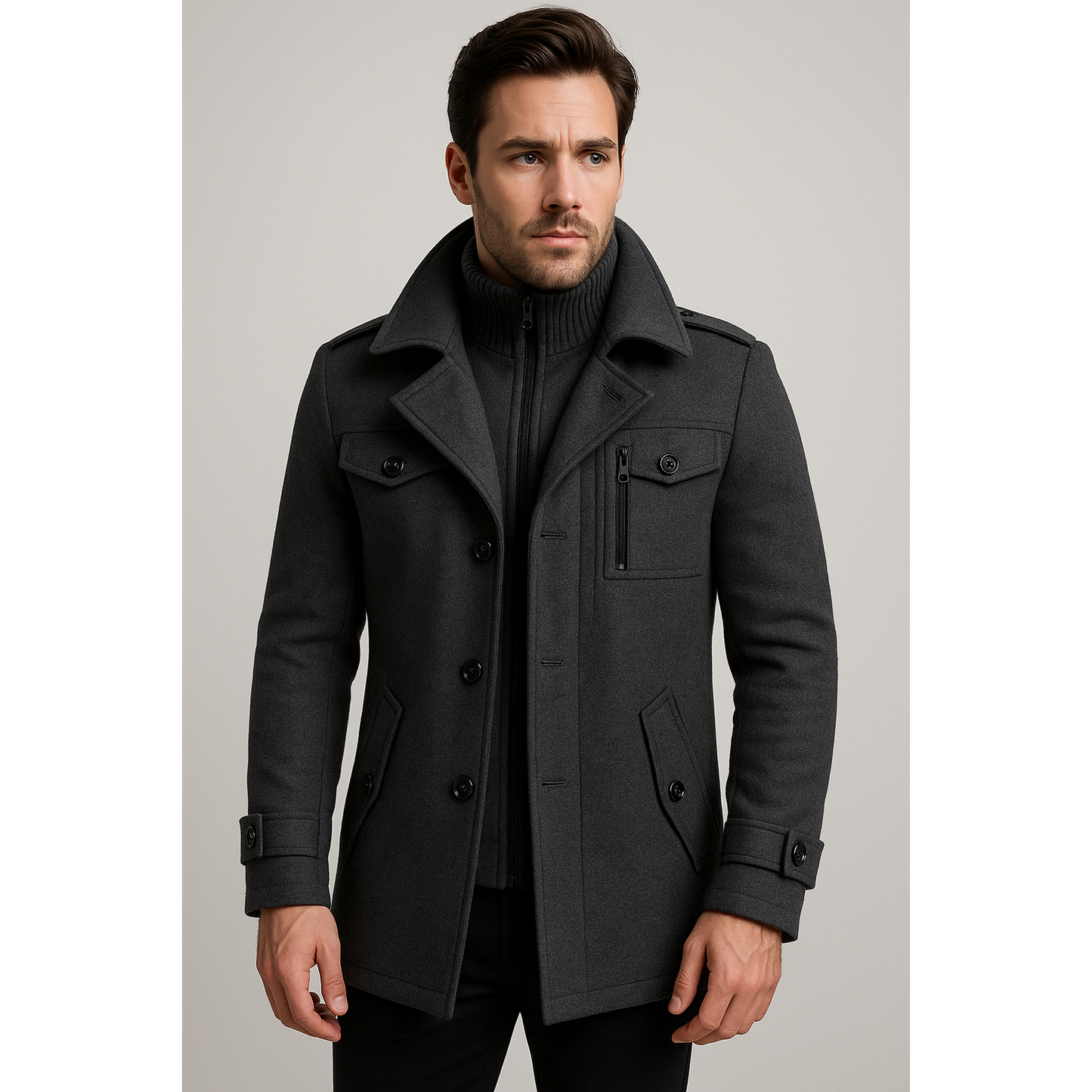 Men's Winter Wool-Blend Fleece Coat – Warm Long Collar Jacket Dark Grey
