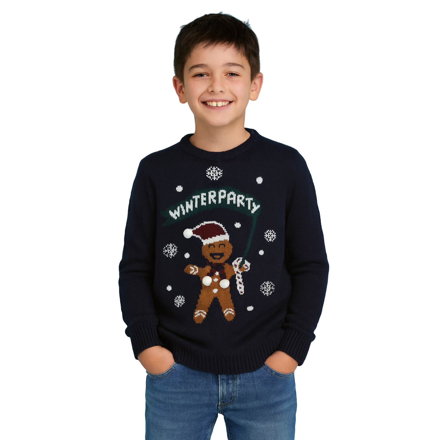 Child wearing a navy blue sweater with a gingerbread man design and 'Winterparty' text on a white background