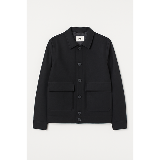 Marine Blue Short Wool-Blend Coat with Classic Lapel