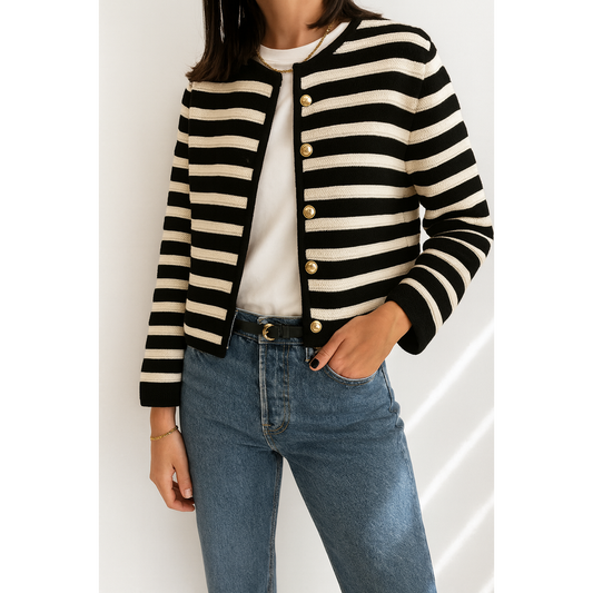 Massimo Dutti Women's Cream Striped Knit Cardigan Sweater with Gold Buttons