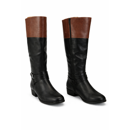 ANA Women's Torrance Riding Boots Black Cognac Block Heel