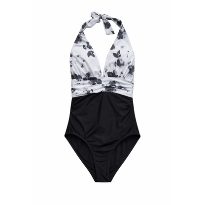 SW Ladies Black-White Floral Tied Alter neck Swimwear Costume