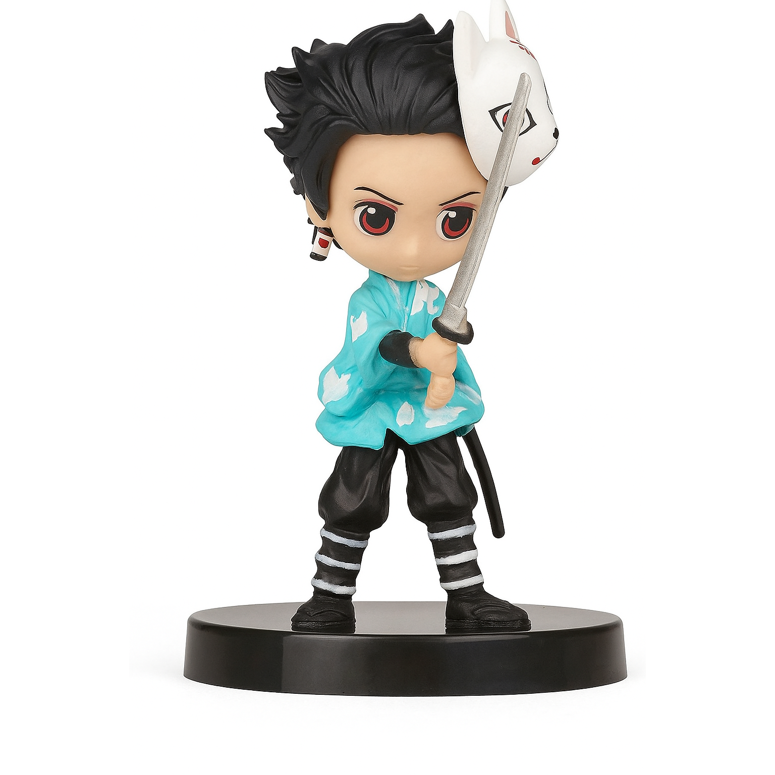 Anime character figurine with black hair and white face mask holding a sword on a white background