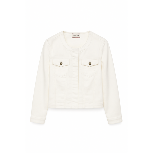 Cartoon Women’s White Denim Jacket – Rounded Neck, Button-Free Front