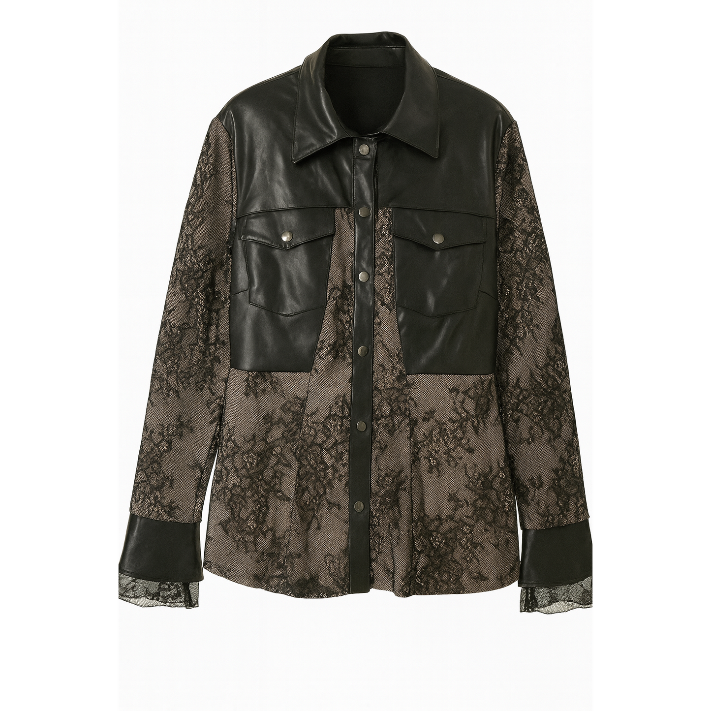 Leather and sheer floral patterned shirt on a white background