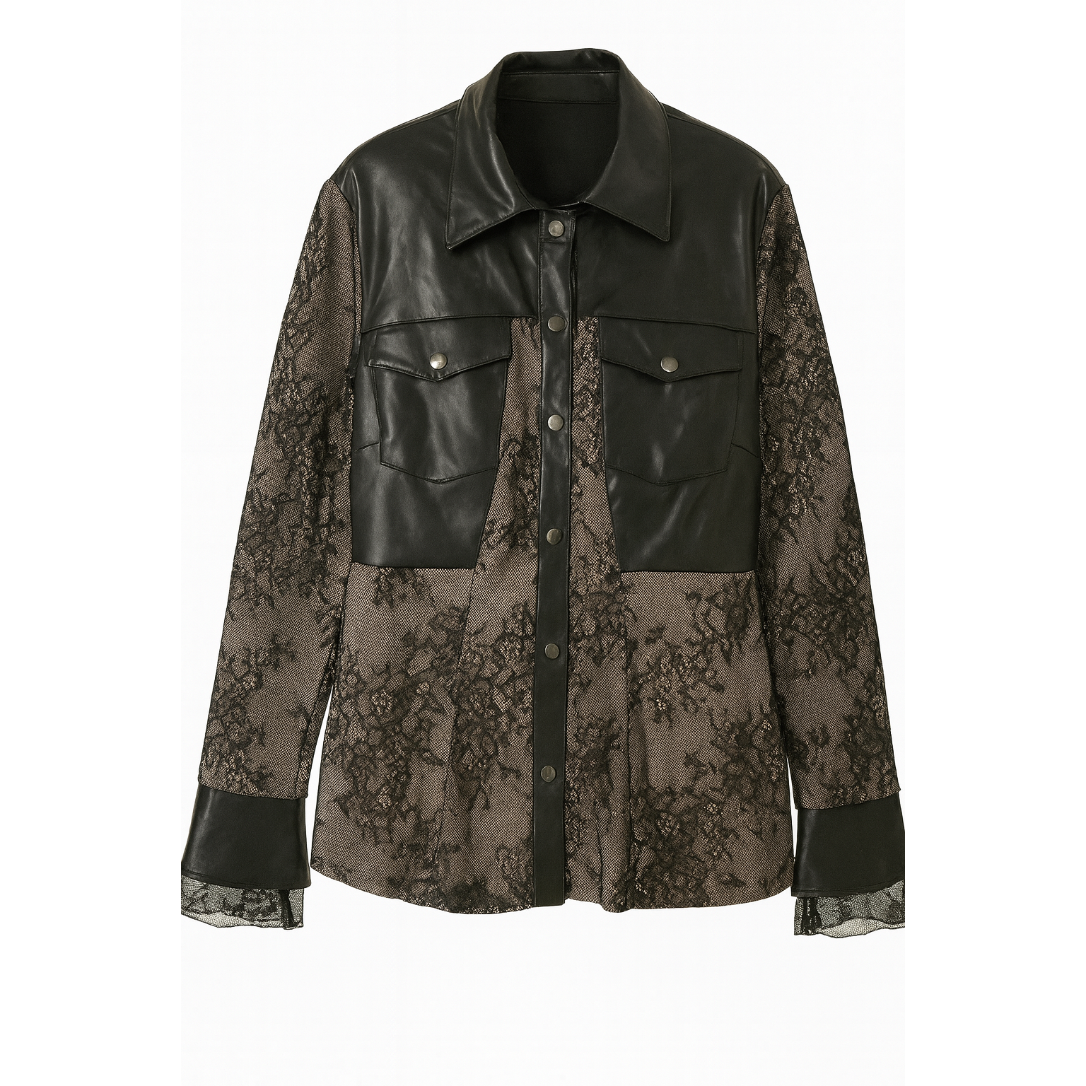 Leather and sheer floral patterned shirt on a white background