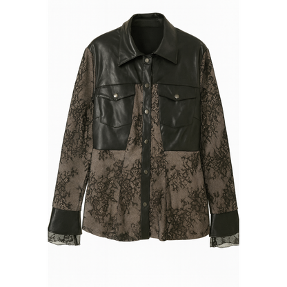 Leather and sheer floral patterned shirt on a white background