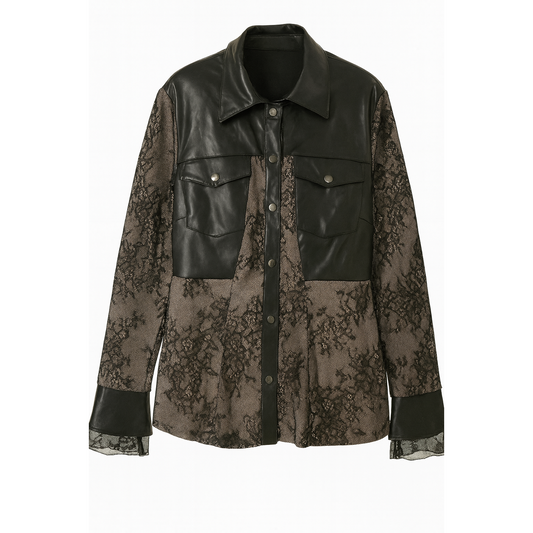 Leather and sheer floral patterned shirt on a white background