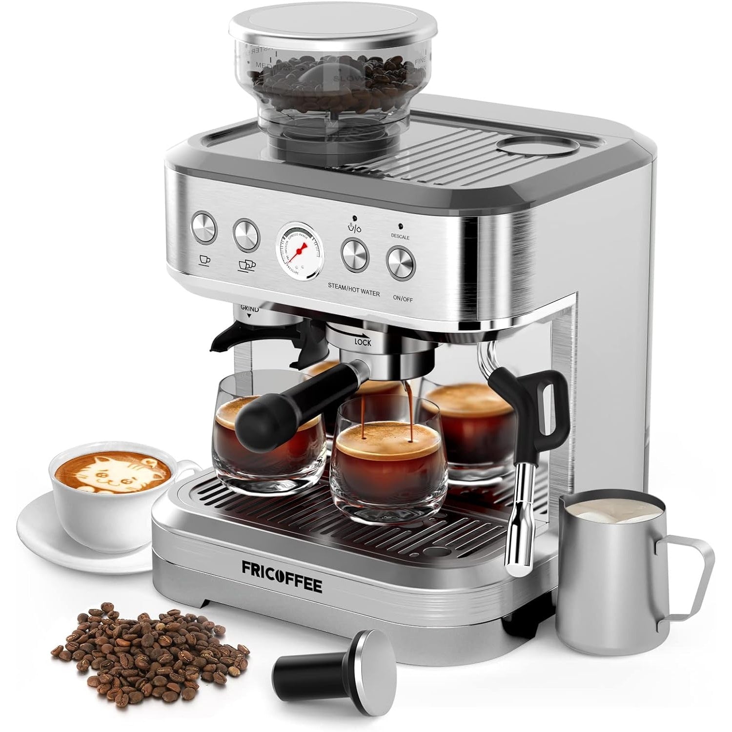 Silver espresso machine with coffee cups and beans on a white background