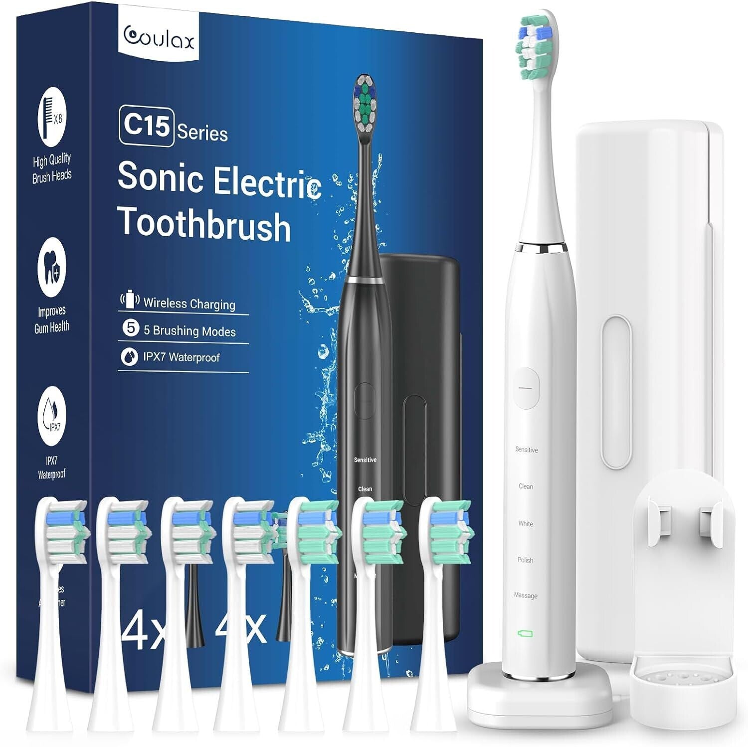 COULAX C15 Series Sonic Electric Toothbrush: 5 Modes, 8 Brush Heads, Waterproof