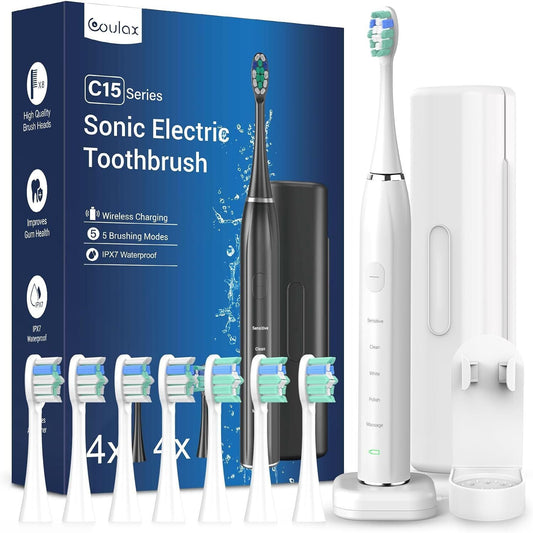 COULAX C15 Series Sonic Electric Toothbrush: 5 Modes, 8 Brush Heads, Waterproof