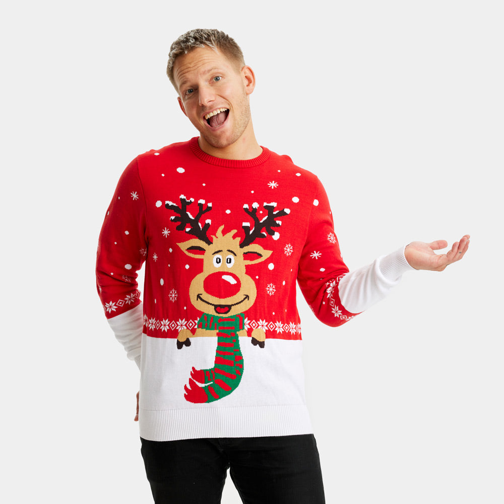 Festive Couple's Ugly Christmas Sweater with Reindeer and Scarf