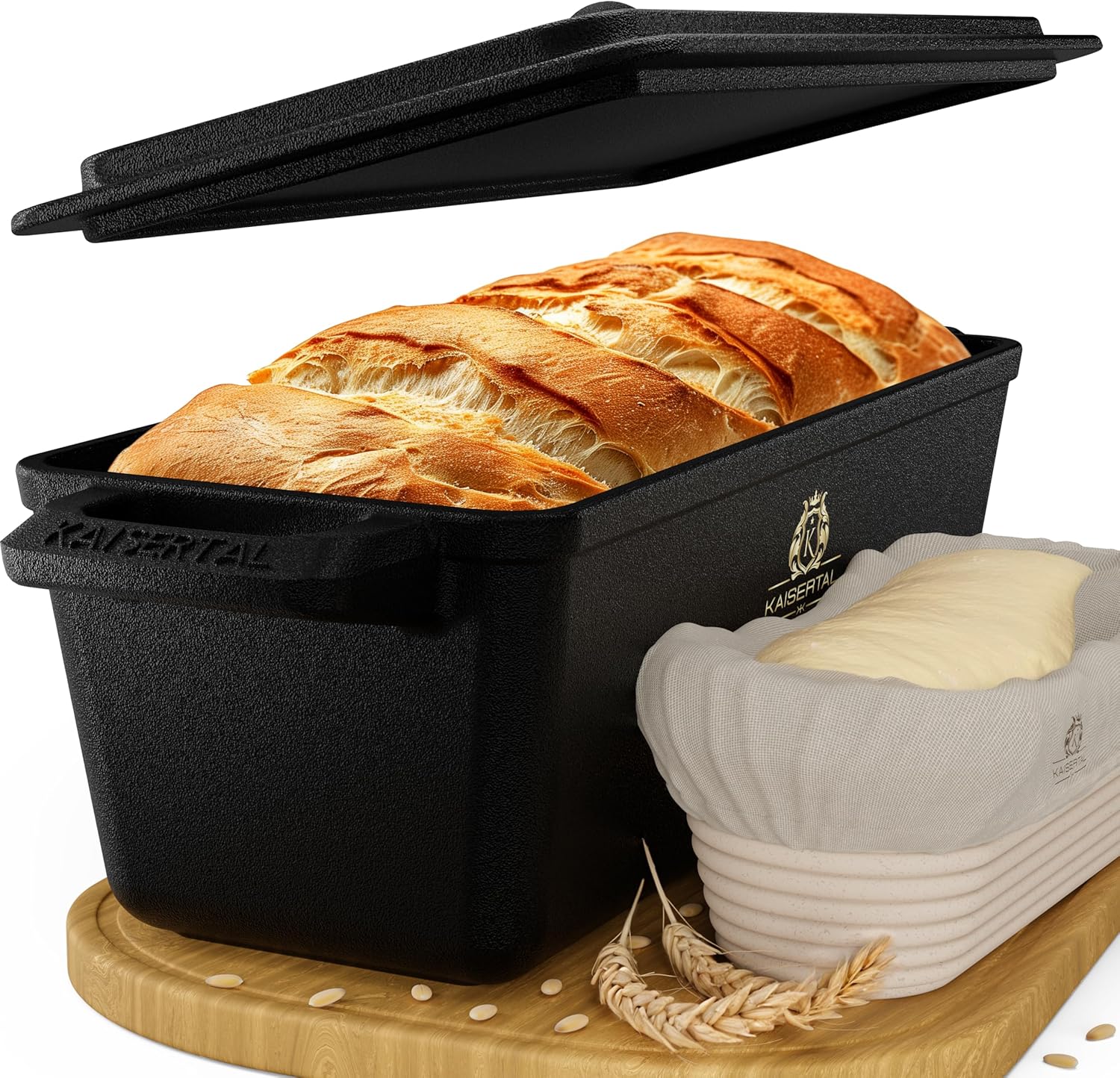 KAISERTAL Cast Iron Bread Pan, Lid, & Natural Proofing Basket Set