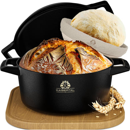 KAISERTAL Cast Iron Bread Baking Pot with Lid & Rattan Proofing Basket