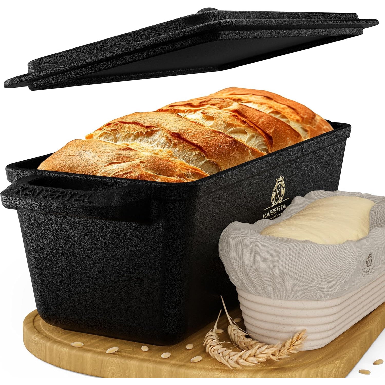KAISERTAL Cast Iron Bread Pan, Lid, & Natural Proofing Basket Set