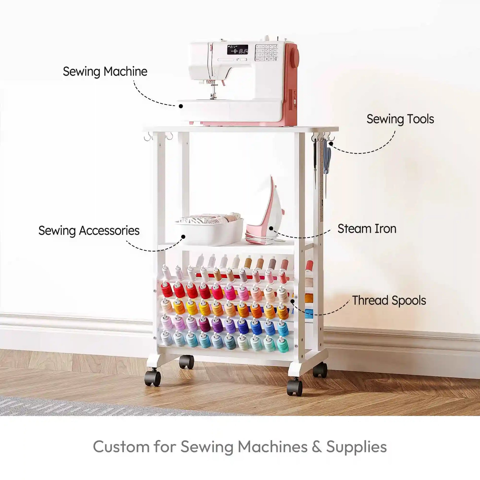 Crafit SewSmart White Sewing Cart with 100 Thread Spool Holder