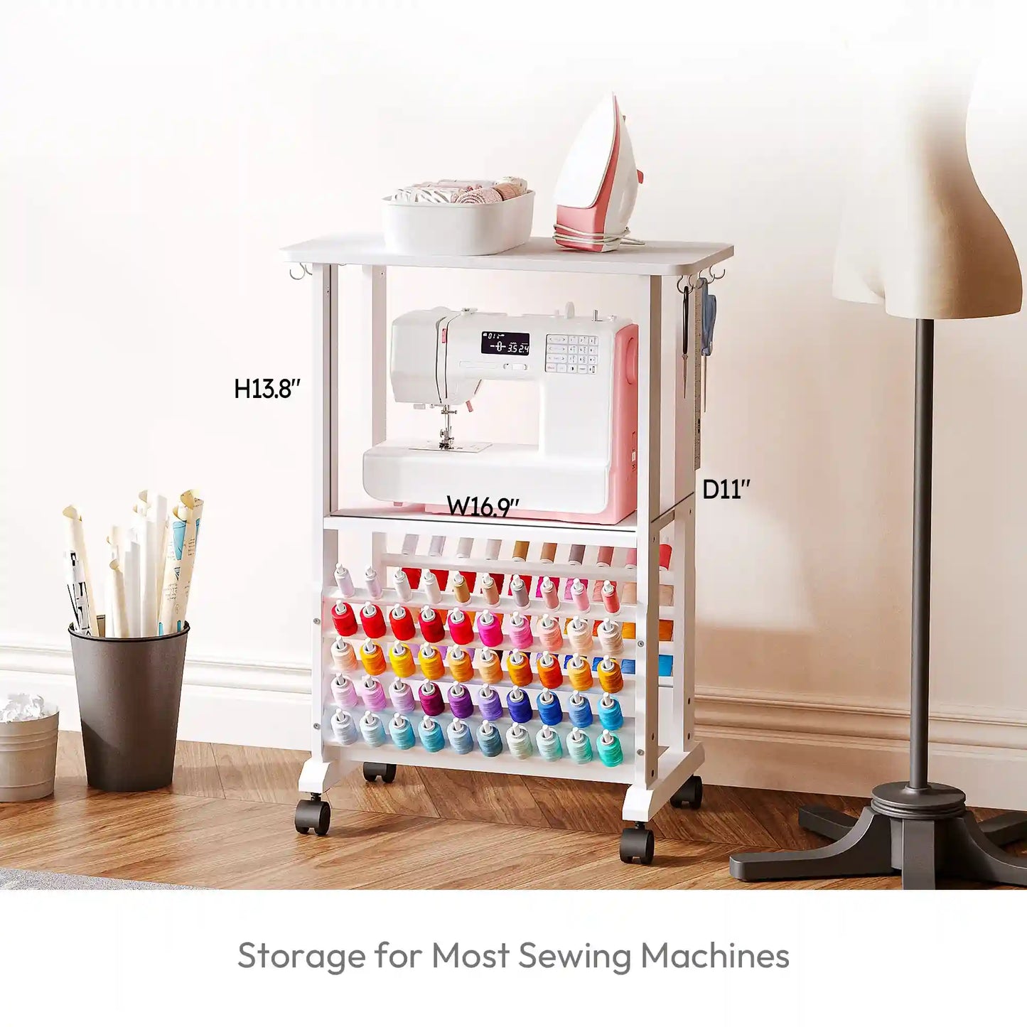 Crafit SewSmart White Sewing Cart with 100 Thread Spool Holder