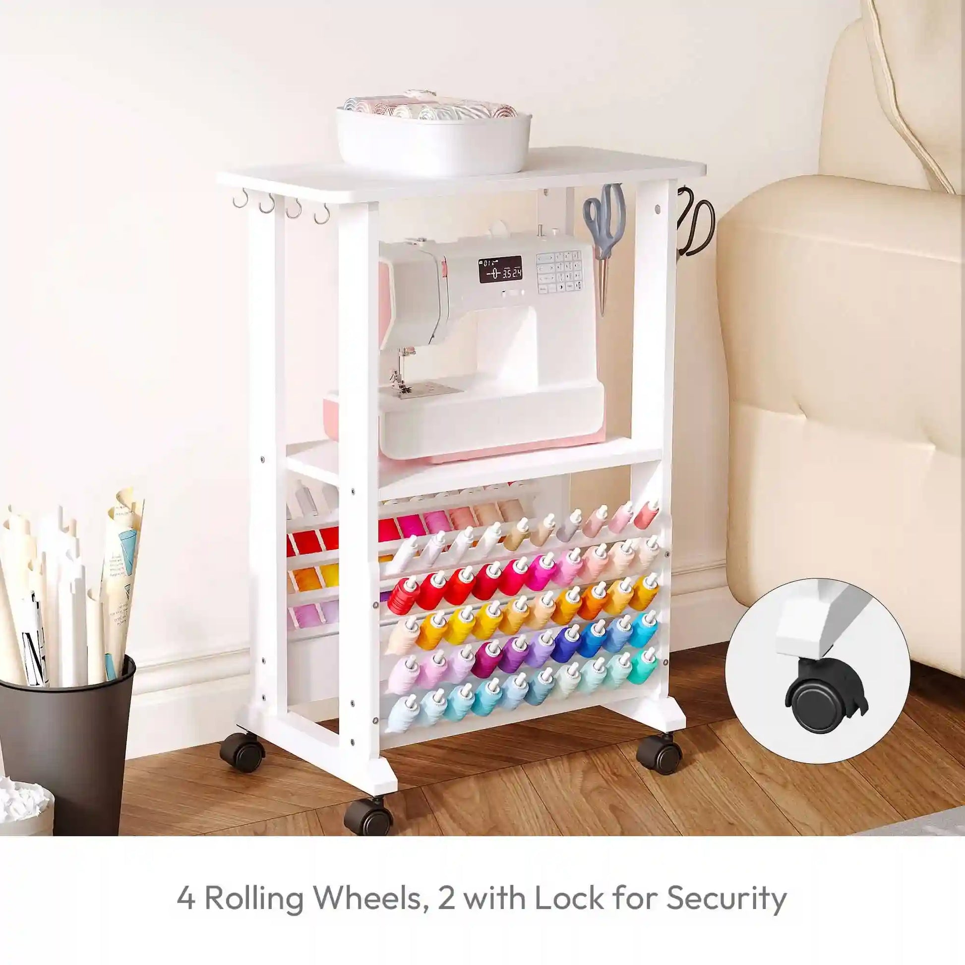 Crafit SewSmart White Sewing Cart with 100 Thread Spool Holder