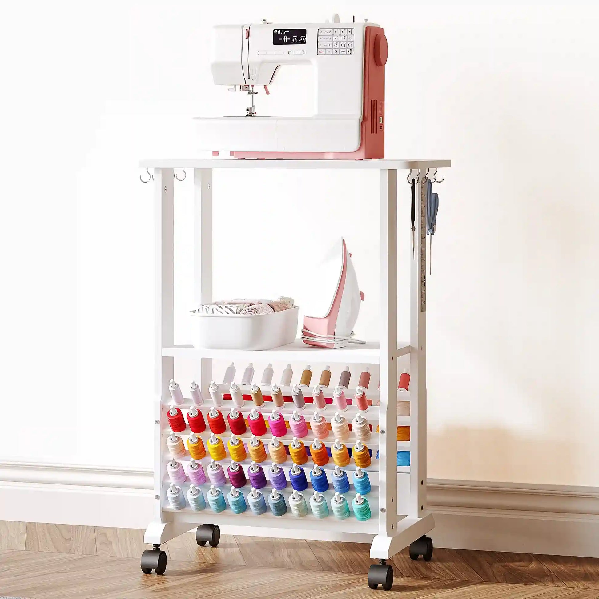 Crafit SewSmart White Sewing Cart with 100 Thread Spool Holder