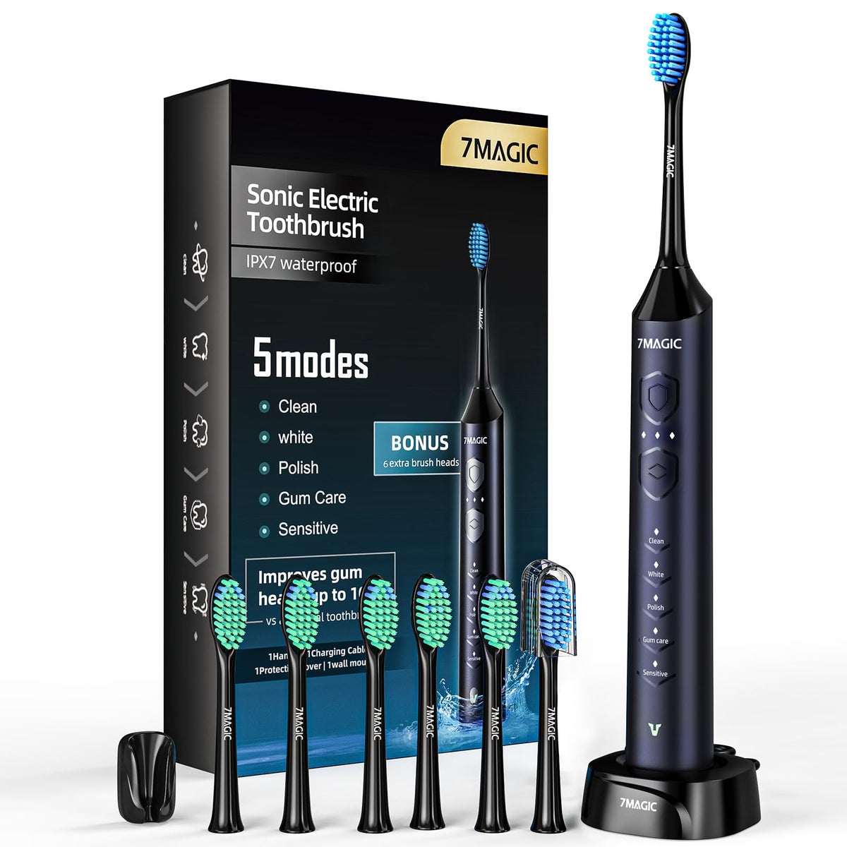 7MAGIC Sonic Electric Toothbrush for Adults: 5 Modes, 60-Day Battery, Blue
