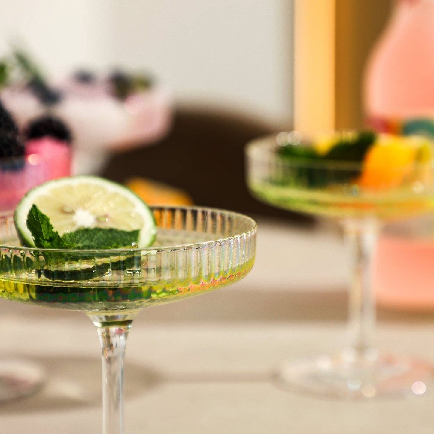 Iridescent Rainbow Coupe Glasses Set of Four – Hand‑Blown Cocktailware