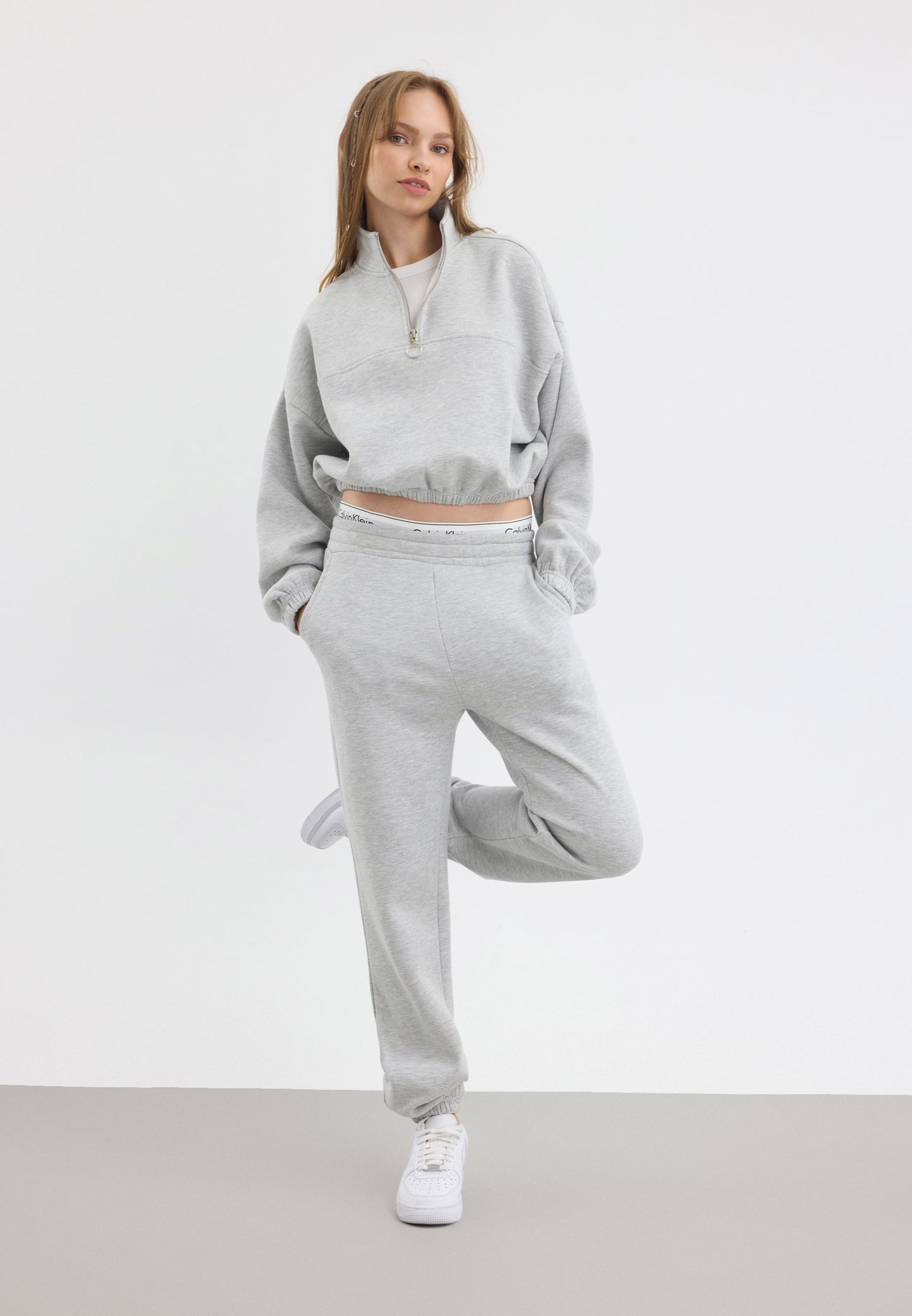 Even&Odd Women's Mottled Light Grey Cotton Blend Zip-Neck Tracksuit Set
