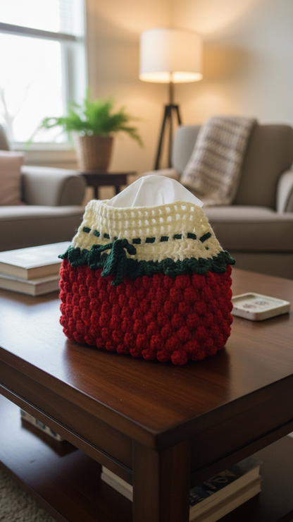 Handmade Crochet Burgundy Tissue Box Cover With Dark Green Bow