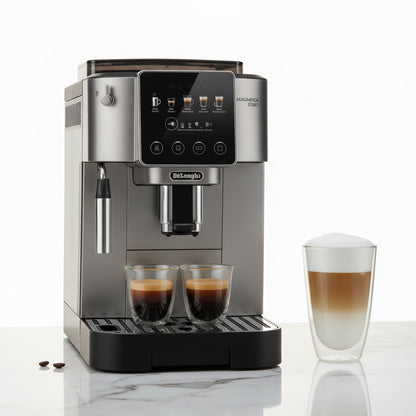 De'Longhi coffee machine with two cups of coffee and a glass on a white background