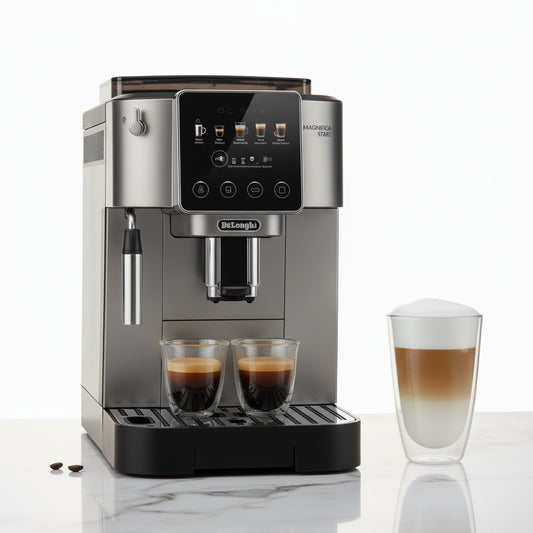 De'Longhi coffee machine with two cups of coffee and a glass on a white background