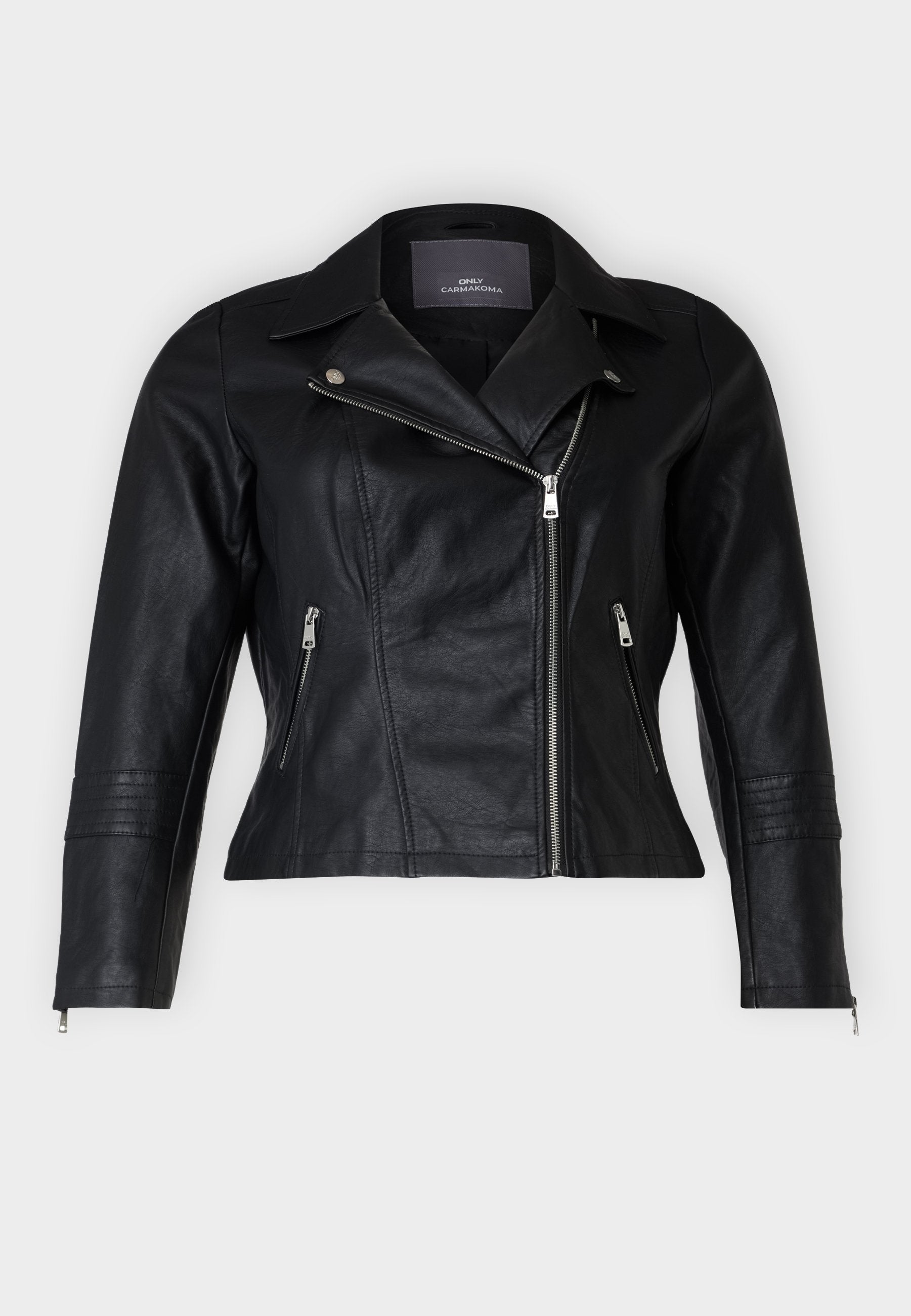 ONLY Carmakoma Women's Black Faux Leather Biker Jacket with Zip Details