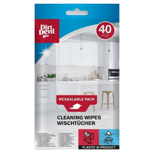 A package of Dirt Devil cleaning wipes, featuring a white and blue design with a kitchen photo in the background and a red '40 PCS' badge.
