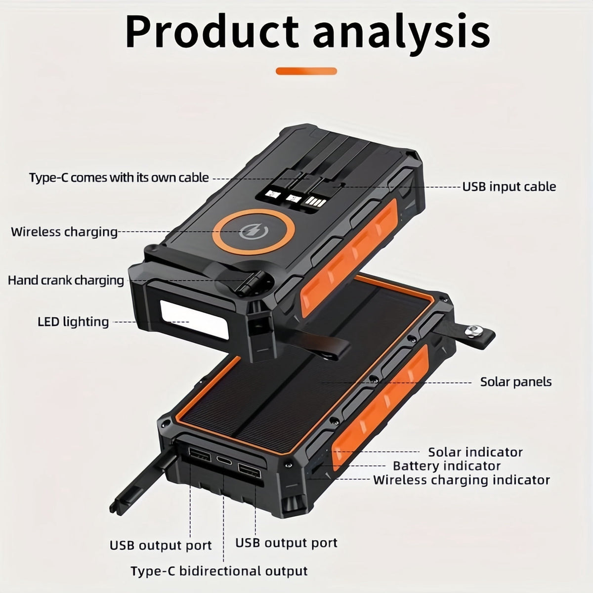 OKG 536 Solar Hand Crank Power Bank 30000mAh 15W Orange