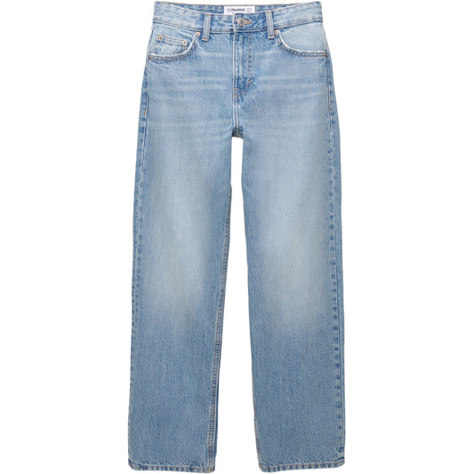 PULL&BEAR Women's Mid-Waist Straight Leg Jeans in Classic Blue Denim