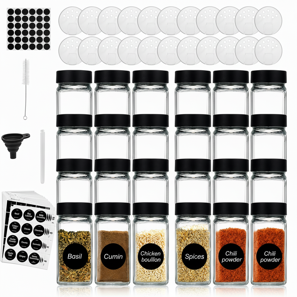 Spice Jars Glass 24-Pack 120ml Black Lids Labels Funnel