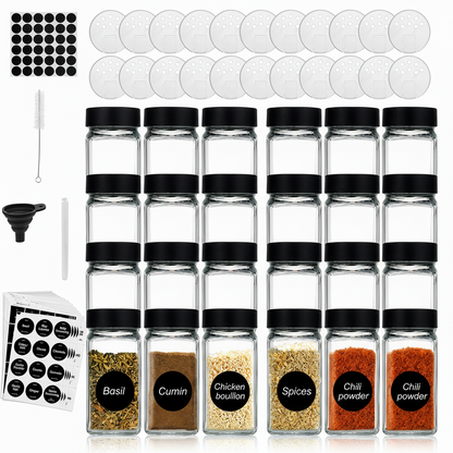 Spice Jars Glass 24-Pack 120ml Black Lids Labels Funnel