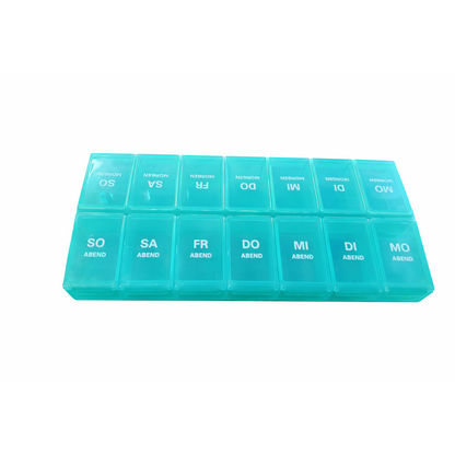 Blue 14-Compartment Pill Organizer for Travel, Home, Office German language