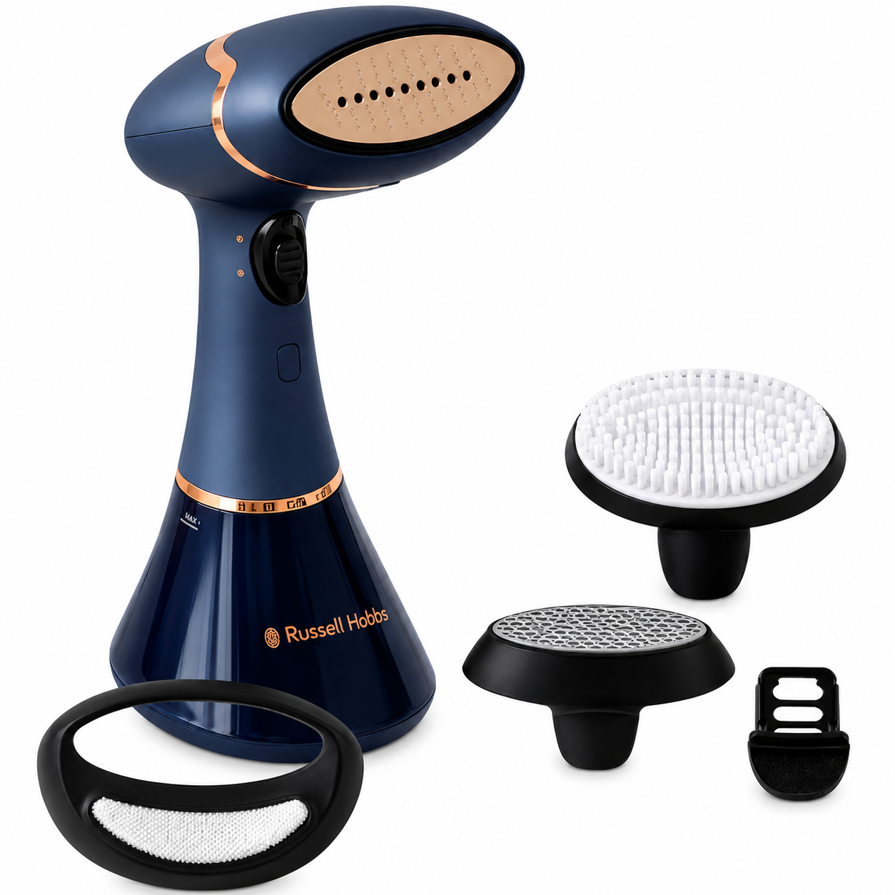 A Russell Hobo steam iron garment steamer in navy blue with rose gold accents, shown with multiple interchangeable heads and accessories on a clean white background.
