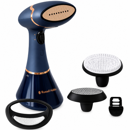 A Russell Hobo steam iron garment steamer in navy blue with rose gold accents, shown with multiple interchangeable heads and accessories on a clean white background.