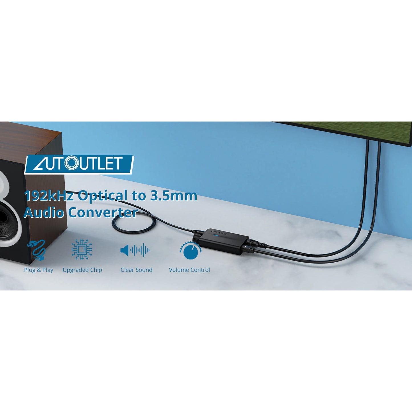 AUTOUTLET 192kHz DAC Optical to 3.5mm Converter with Volume Control