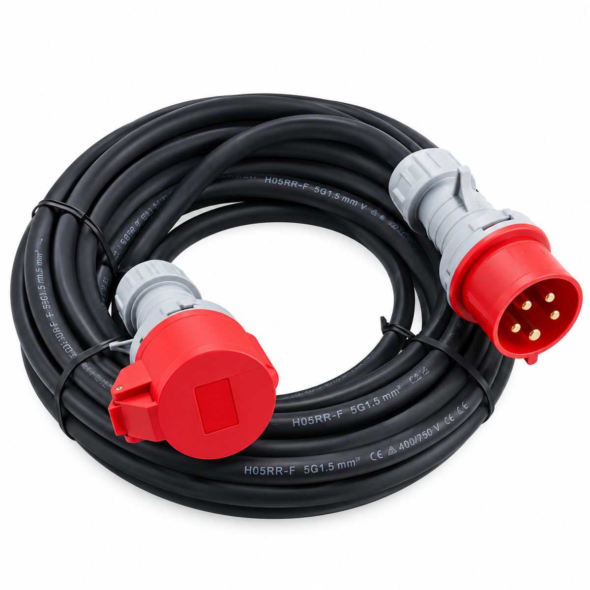 A coiled black electrical cable with red and gray industrial plug connectors, photographed on a clean white background.
