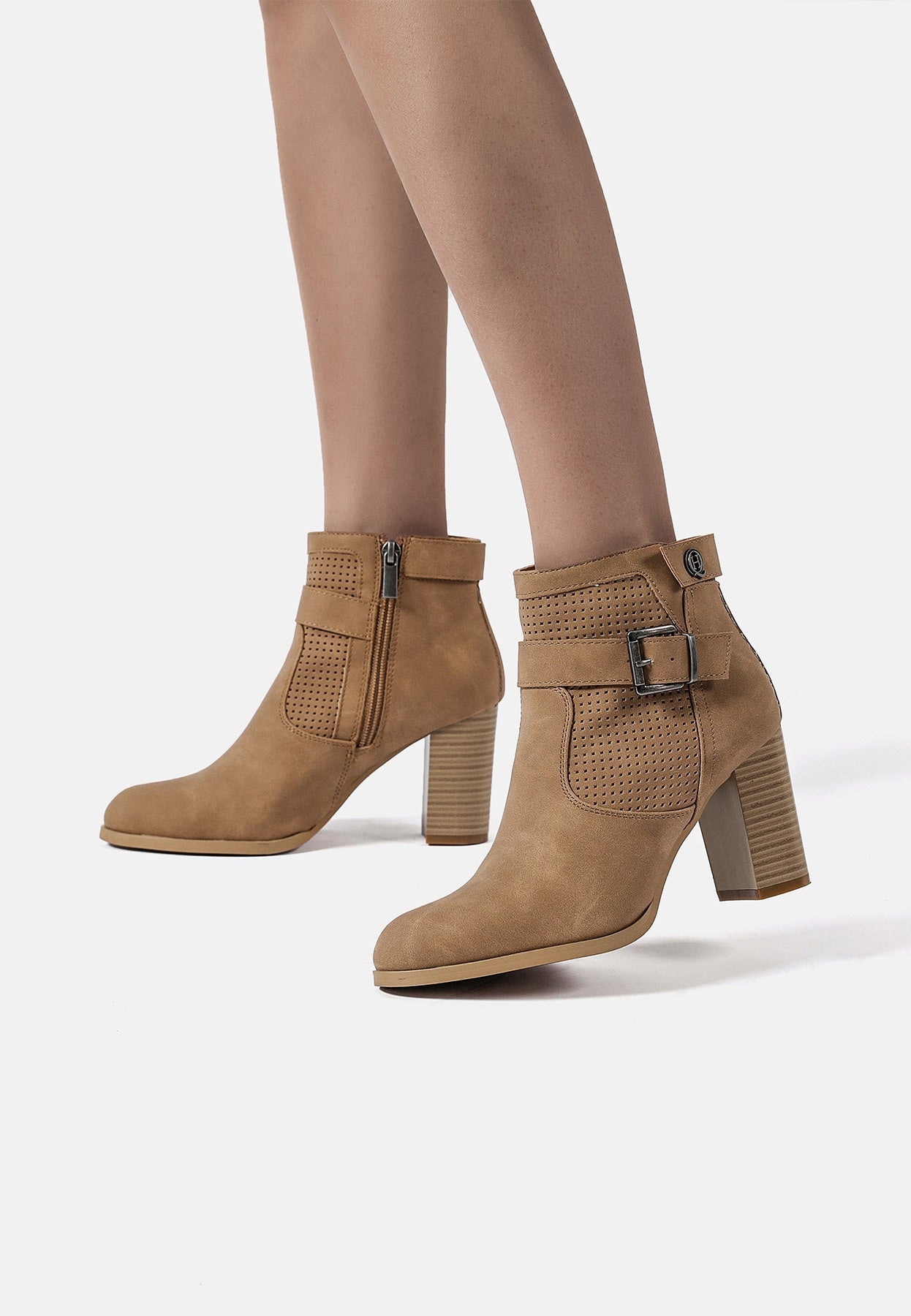 Women's Chunky Heel Ankle Boots with Perforated Suede Faux Leather