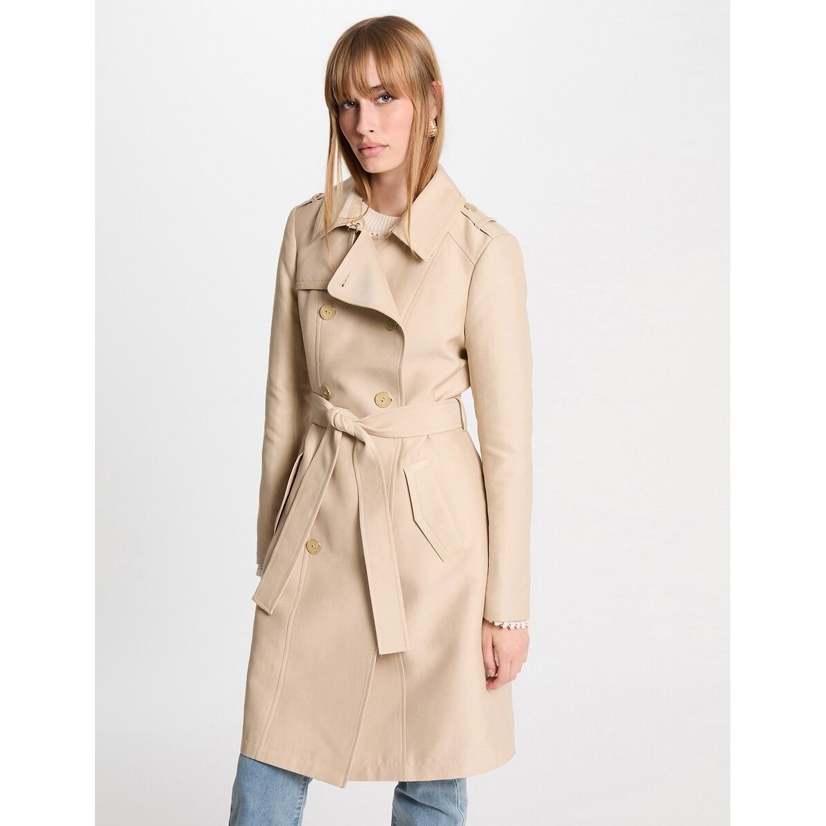 Morgan Beige Long Belted Trench Coat – Mid‑Length Tailored